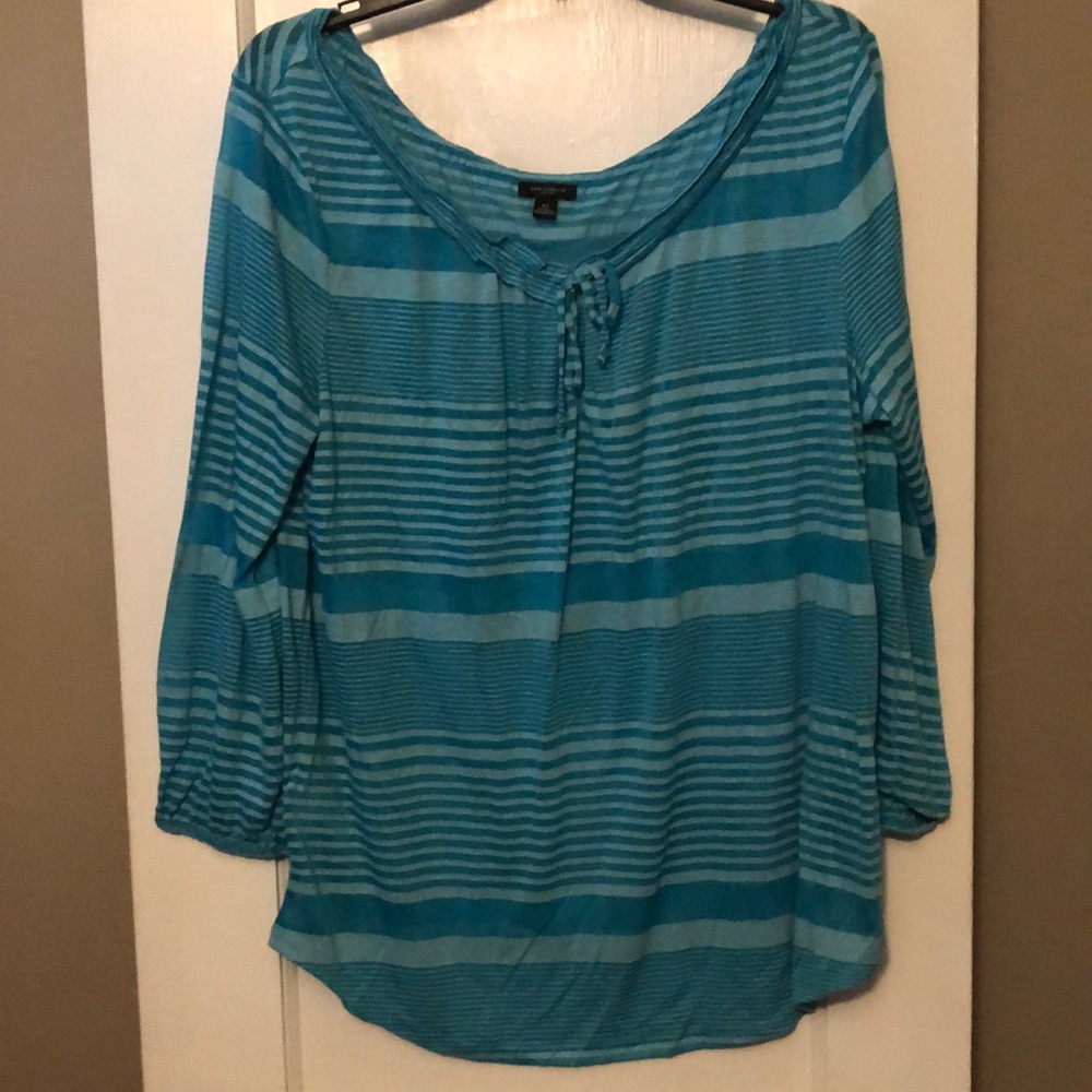 Ann Taylor Teal Striped Peasant Top Sz XL